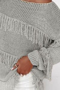 Fringe Boat Neck Long Sleeve Sweater Trandify Deal
