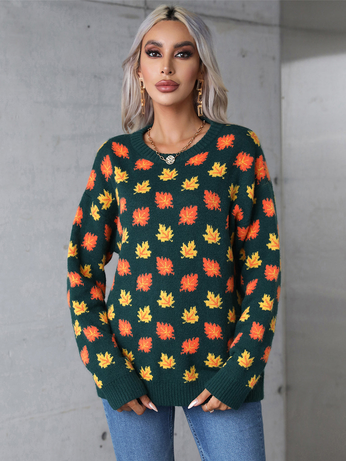 Angel Wings Maple Leaf Round Neck Long Sleeve Sweater Trandify Deal
