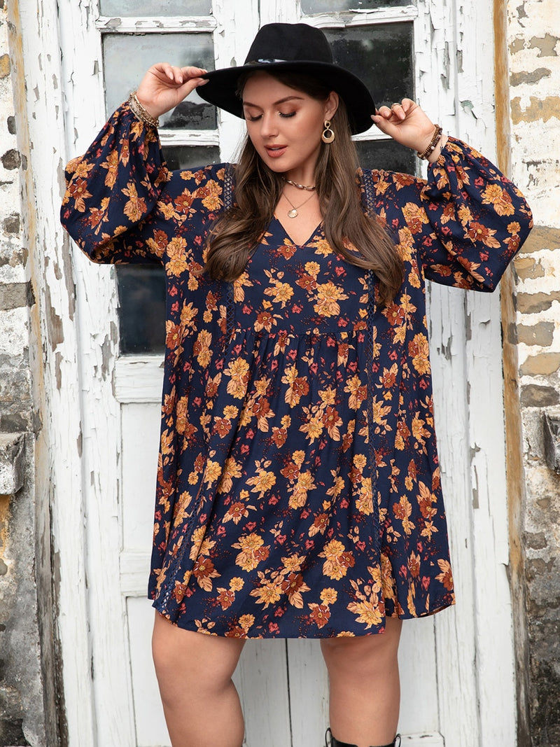 Plus Size Floral V-Neck Balloon Sleeve Dress Trandify deal