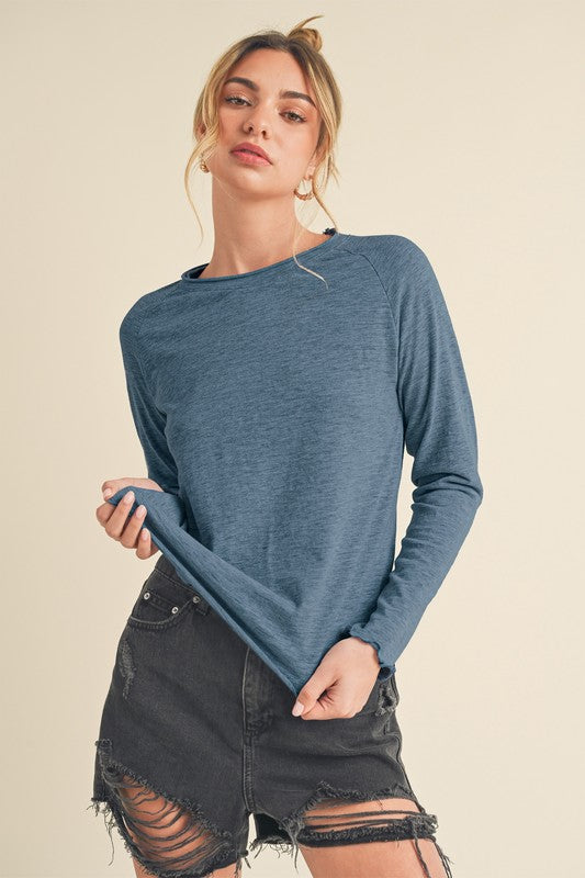 Women's lettuce hem ruffle sleeve t-shirt in soft 100% cotton - French Blue