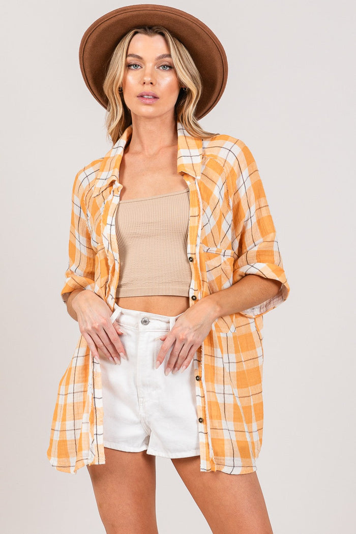 SAGE + FIG Plaid Button Up Side Slit Shirt Trandify deal