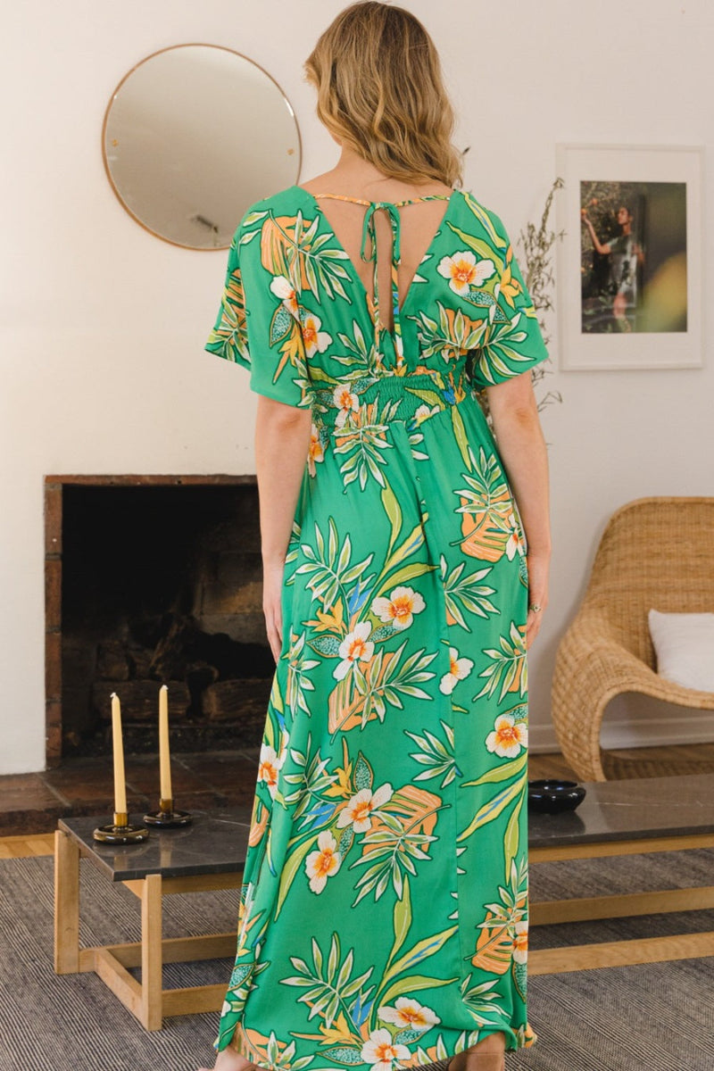 ODDI Full Size Floral Smocked Tied Back Maxi Dress Trandify deal