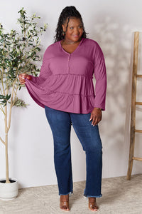 Double Take Half Button Long Sleeve Ruffle Hem Blouse Trandify Deal