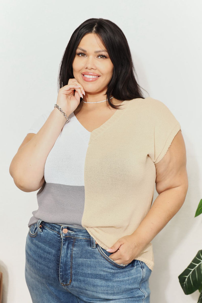 Color Block V-Neck Knit Top Trandify deal