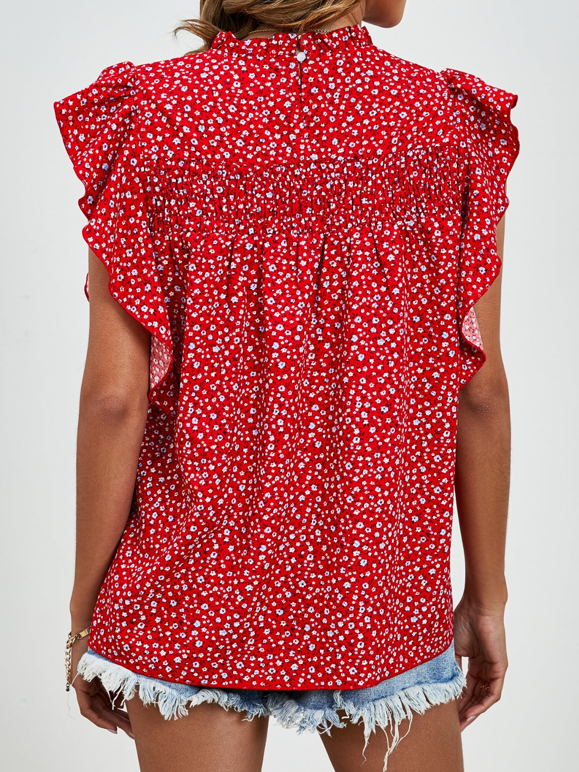 Ruffled Ditsy Floral Mock Neck Cap Sleeve Blouse Trandify deal