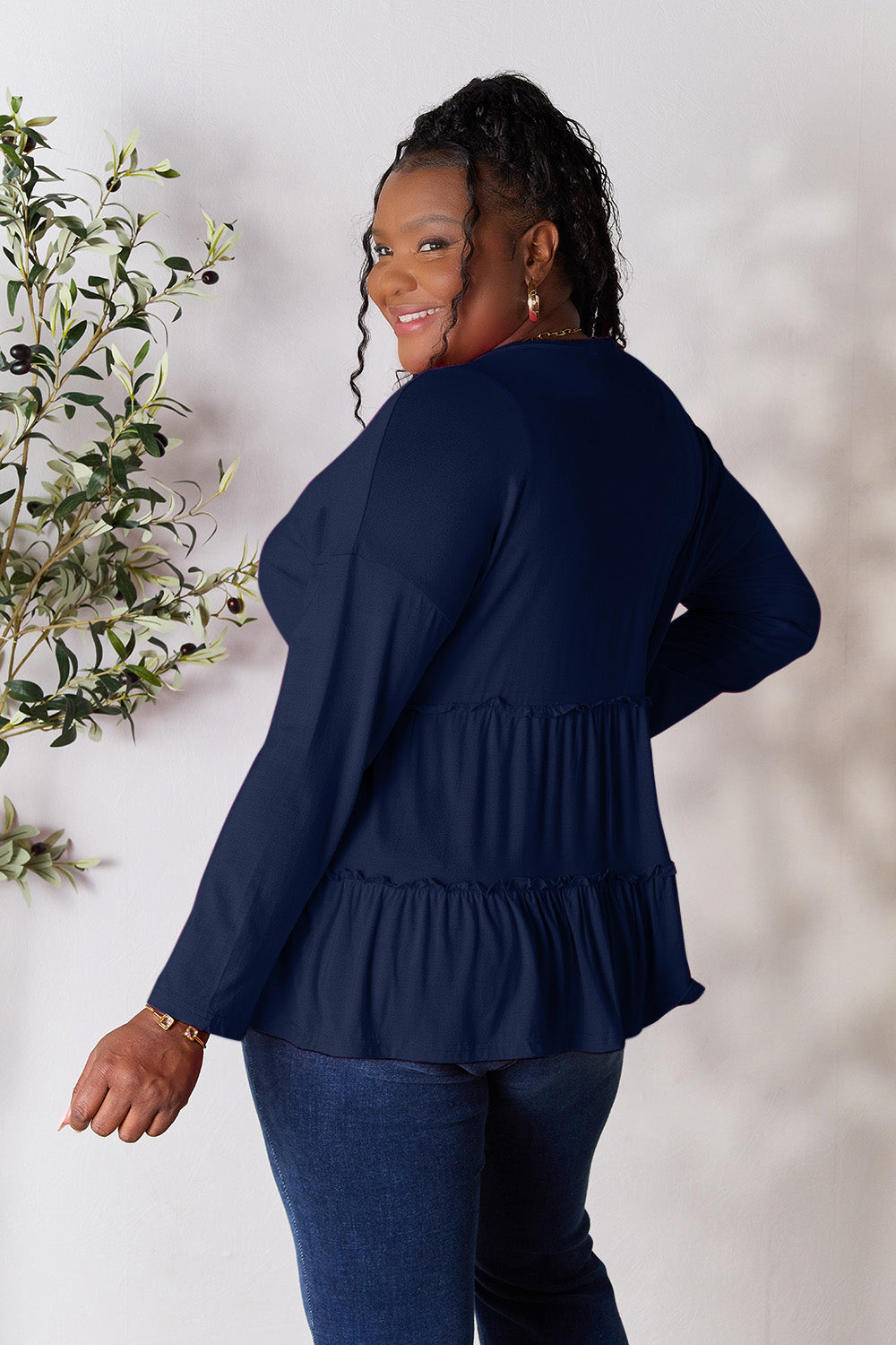 Double Take Half Button Long Sleeve Ruffle Hem Blouse Trandify Deal