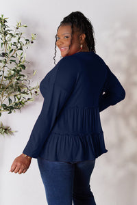 Double Take Half Button Long Sleeve Ruffle Hem Blouse Trandify Deal