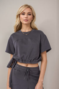 Basic Bae Drawstring Hem Air Scuba Round Neck Short Sleeve T-Shirt Trandify Deal