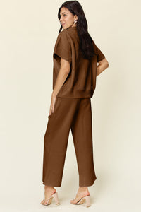 Double Take Full Size Texture Half Zip Short Sleeve Top and Pants Set Trandify Deal