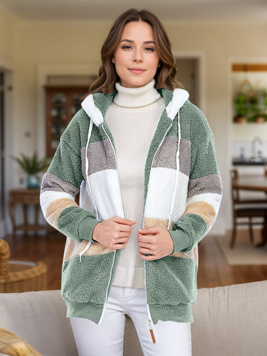 Full Size Drawstring Color Block Zip Up Hooded Outerwear Trandify Deal