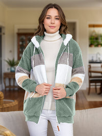 Full Size Drawstring Color Block Zip Up Hooded Outerwear Trandify Deal