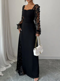 Elegant Sweetheart Neck Sheer Sleeve Maxi Dress for Women – Flowy Long Formal Gown