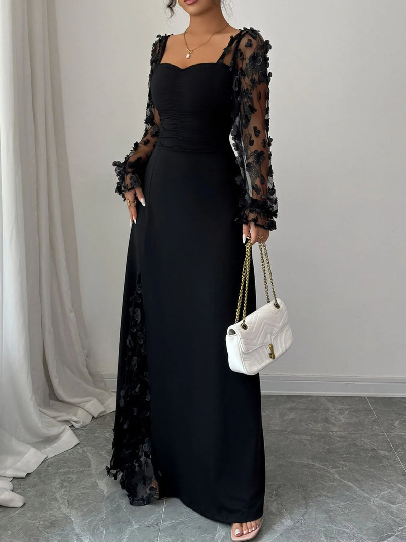 Elegant Sweetheart Neck Sheer Sleeve Maxi Dress for Women – Flowy Long Formal Gown