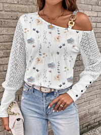 Printed Asymmetrical Neck Lantern Sleeve T-Shirt Trandify deal