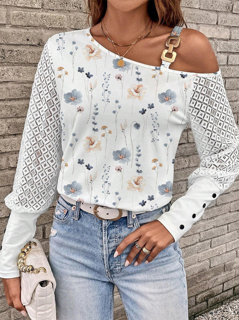 Printed Asymmetrical Neck Lantern Sleeve T-Shirt Trandify deal