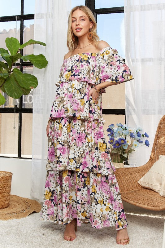 ADORA Layered Floral Off-Shoulder Short Sleeve Maxi Dress Trandify Deal