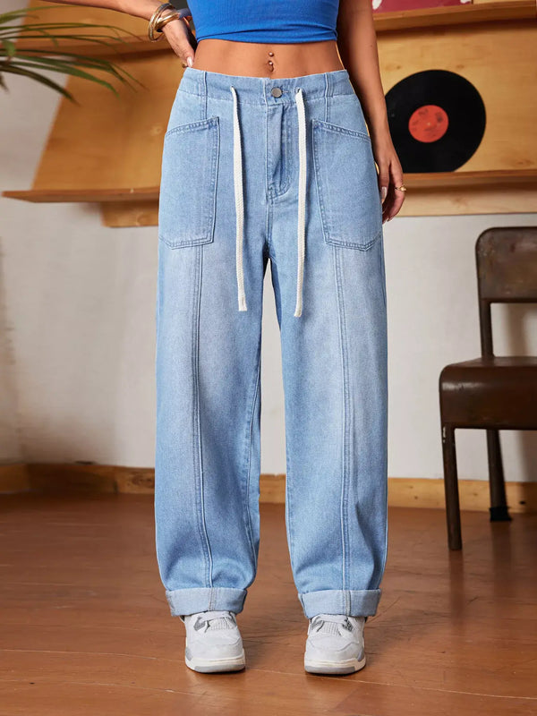 Women's Drawstring Wide Leg Jeans - No Stretch Casual Joggers