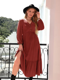 Plus Size Quarter Button V-Neck Long Sleeve Dress Trandify Deal