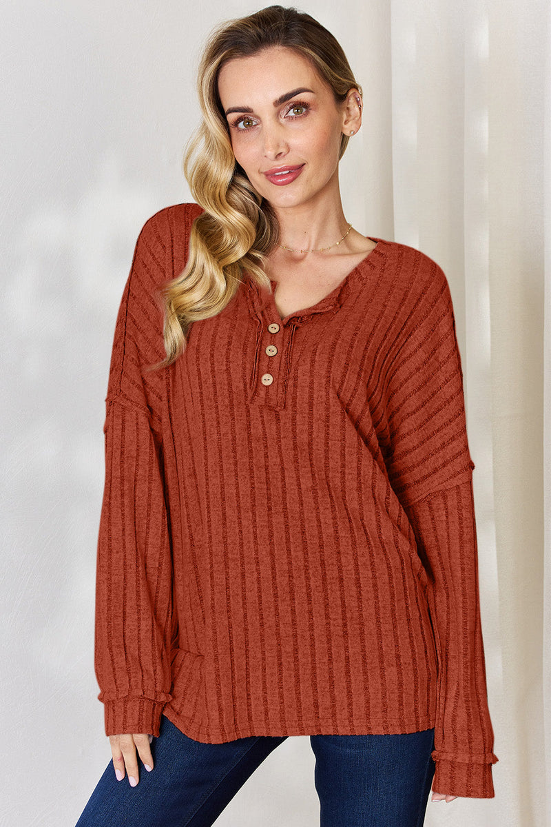 Basic Bae Full Size Ribbed Half Button Long Sleeve T-Shirt Trandify Deal