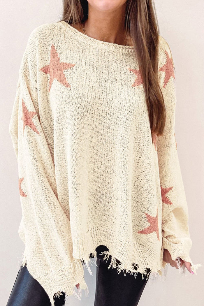 Contrast Star Raw Hem Long Sleeve Knit Top Trandify deal