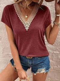 Full Size Lace Detail V-Neck Short Sleeve T-Shirt Trandify deal