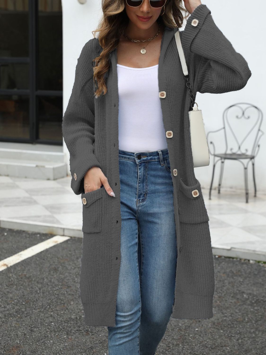 Pocketed Button Up Long Sleeve Hooded Cardigan Trandify Deal