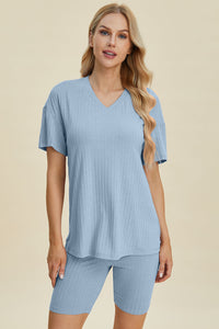 Basic Bae Full Size Ribbed V-Neck Short Sleeve Top and Shorts Set Trandify deal