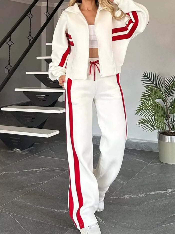 Women's Contrast Stripe Tracksuit Set - Zip Up Jacket & Pants