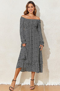 Printed Square Neck Long Sleeve Midi Dress Trandify Deal