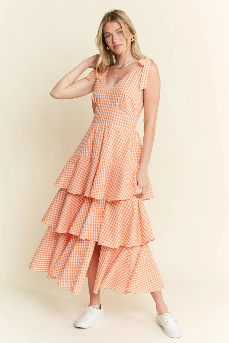 Flowy Checkered Print Dress with Ruffled Skirt – Casual Women’s Fashion