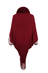 Striped Fringe Detail Long Sleeve Poncho Trandify deal