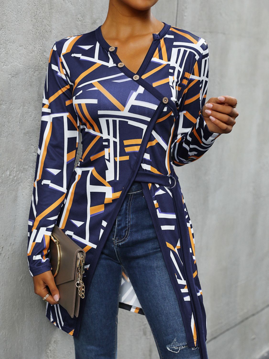Perfee Geometric Surplice Long Sleeve T-Shirt Trandify deal