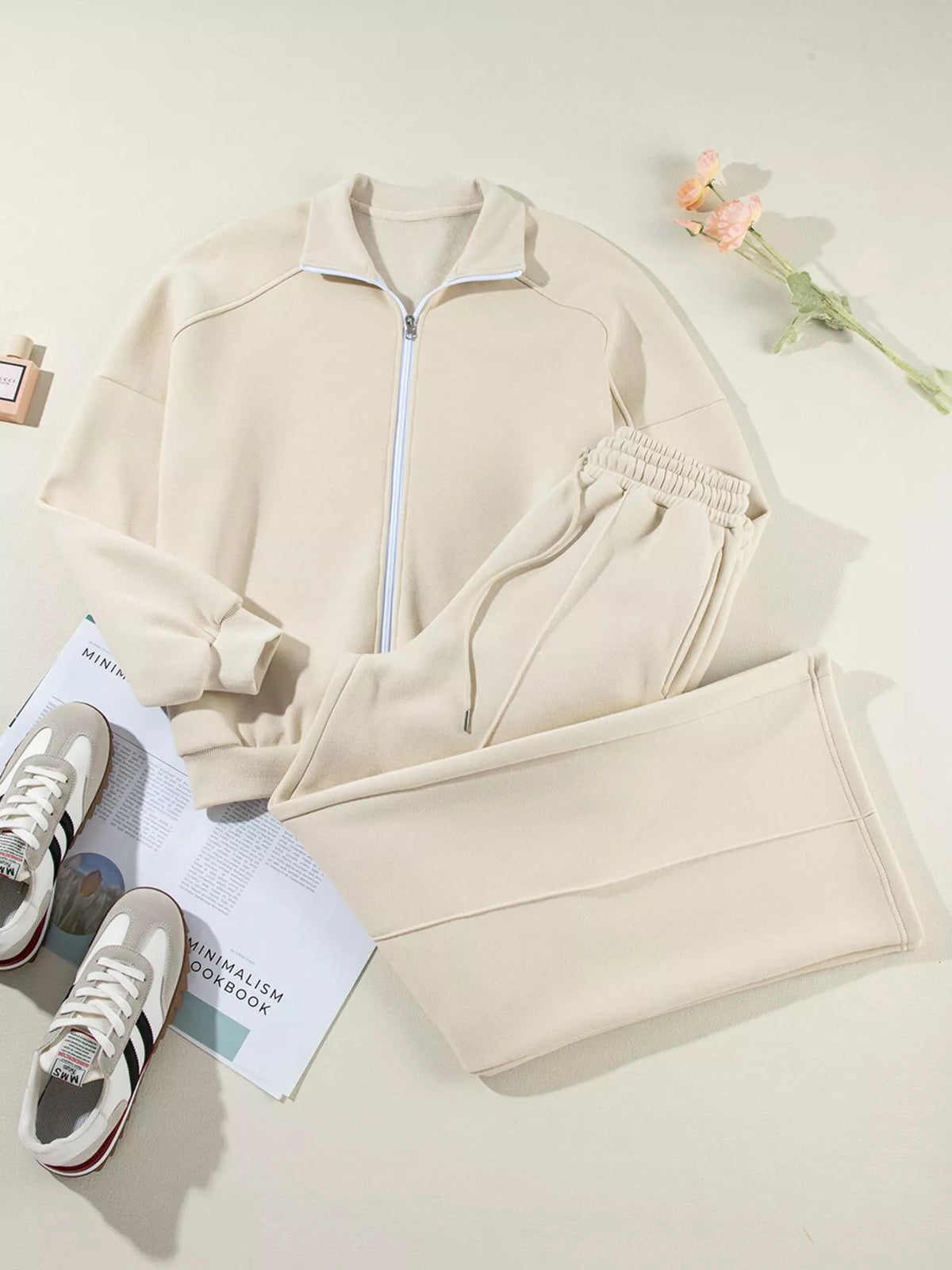 Women's Zip Up Jogger Set in Beige on model showing pockets