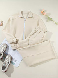 Women's Zip Up Jogger Set in Beige on model showing pockets