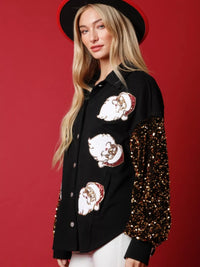 Women's Santa Christmas Sequin Shirt - Front view showing red sequin Santa design on a black long-sleeve top for holiday parties