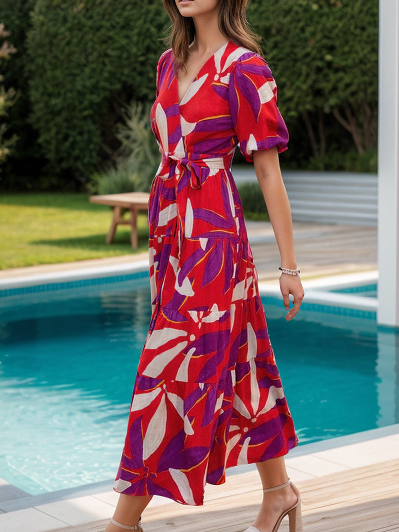 Tied Slit Printed Half Sleeve Midi Dress Trandify Deal