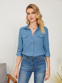 Pocketed Button Up Long Sleeve Denim Shirt Trandify deal