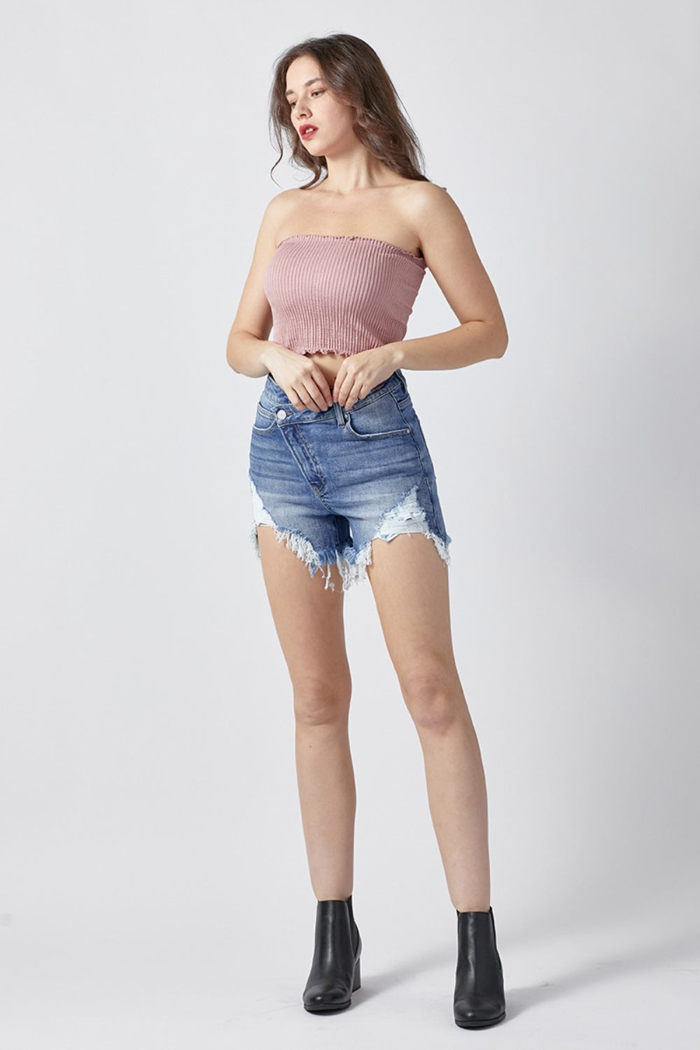 RISEN Raw Hem Asymmetrical Waist Denim Shorts Trandify deal