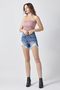 RISEN Raw Hem Asymmetrical Waist Denim Shorts Trandify deal