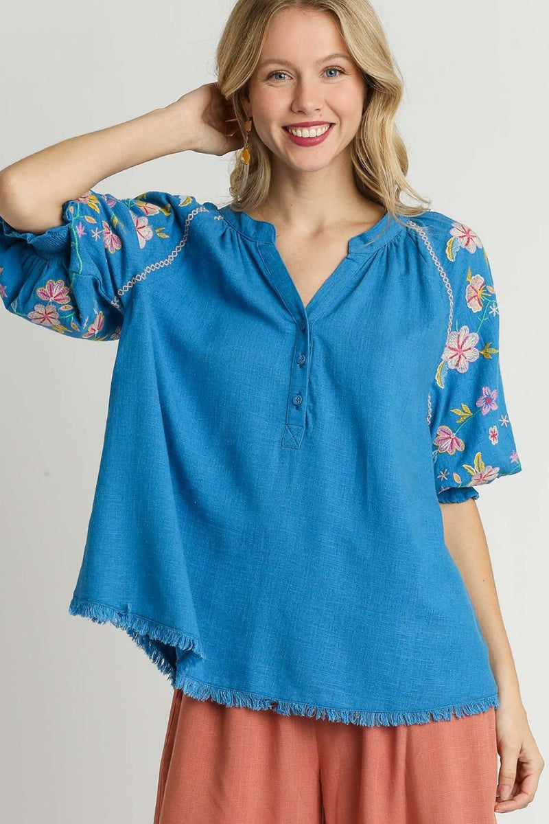 Umgee Plus Size Half Button Top with Embroidered Sleeves