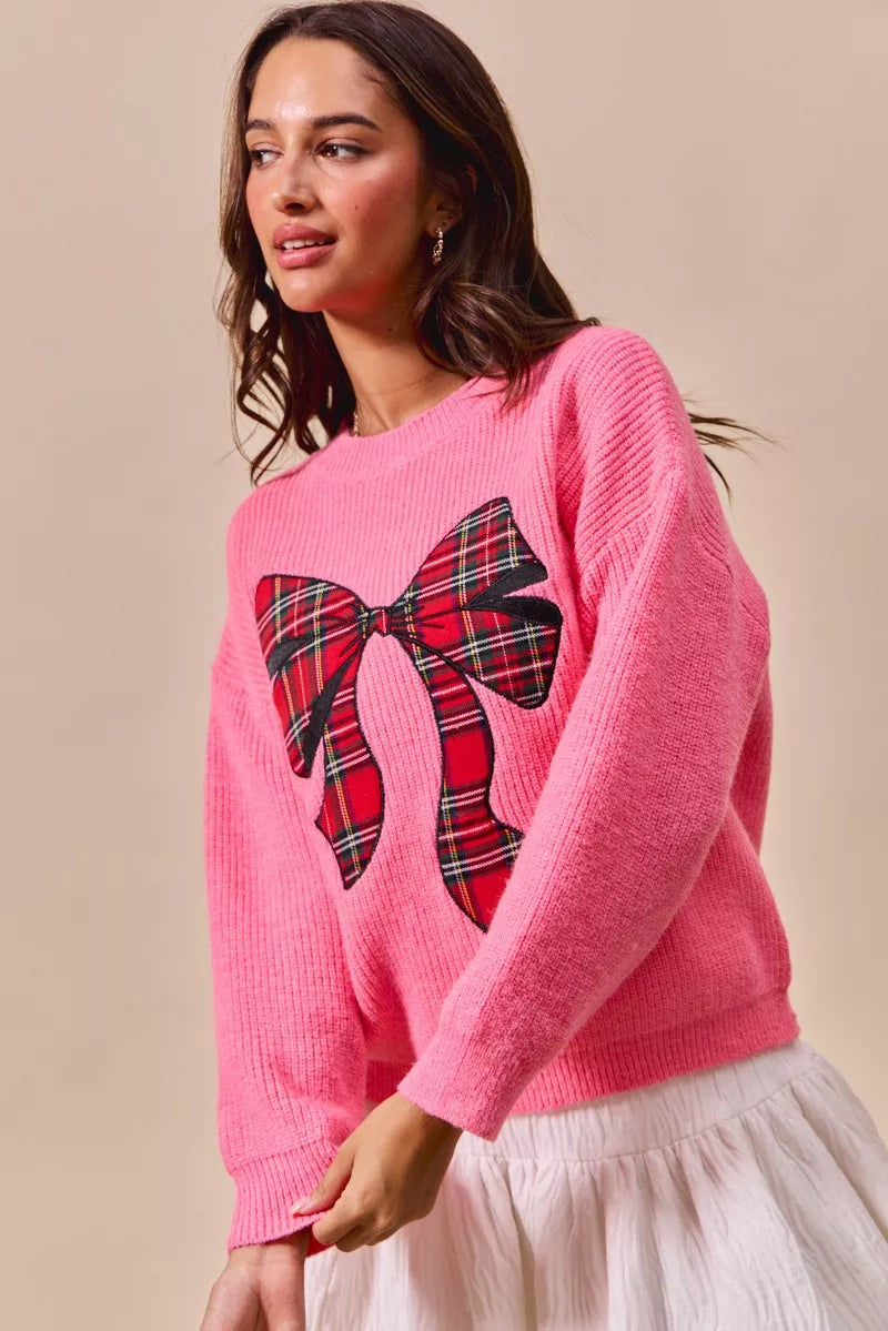 Women's Plaid Ribbon Christmas Sweater - Ugly Holiday