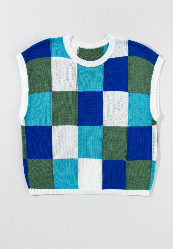 Contrast Plaid Round Neck Cap Sleeve Sweater Trandify Deal