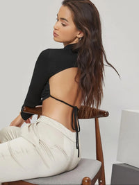 Sexy Backless Long Sleeve Cropped Mock Neck T-Shirt for Women – Trendy Streetwear Top