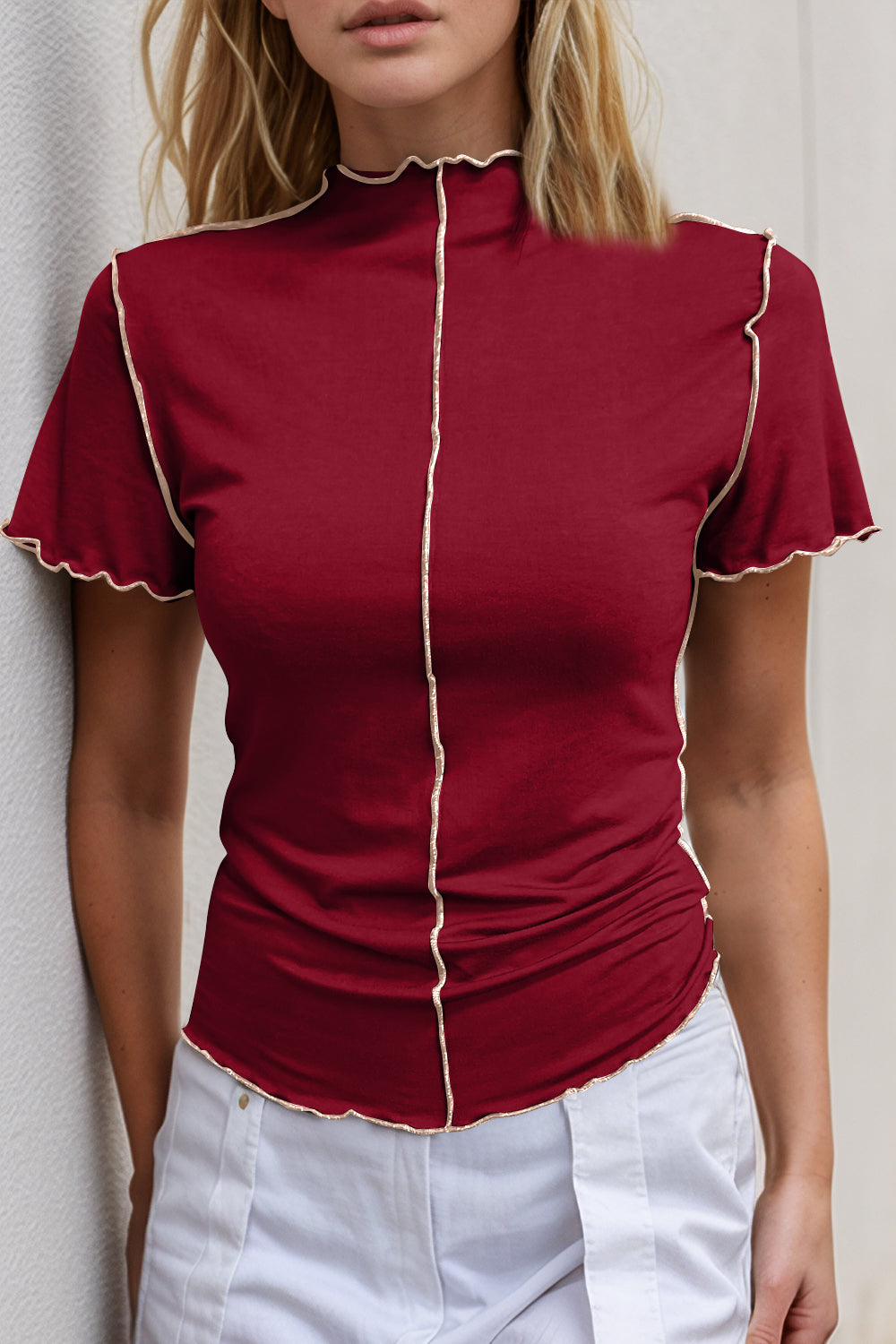Basic Bae Contrast Trim Mock Neck Short Sleeve T-Shirt - Trandify Deal