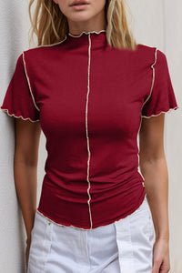 Basic Bae Contrast Trim Mock Neck Short Sleeve T-Shirt - Trandify Deal
