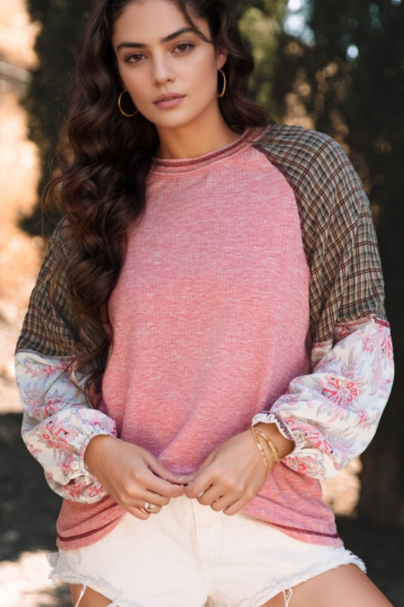 Plaid Floral Patchwork Round Neck Long Sleeve Top Trandify Deal