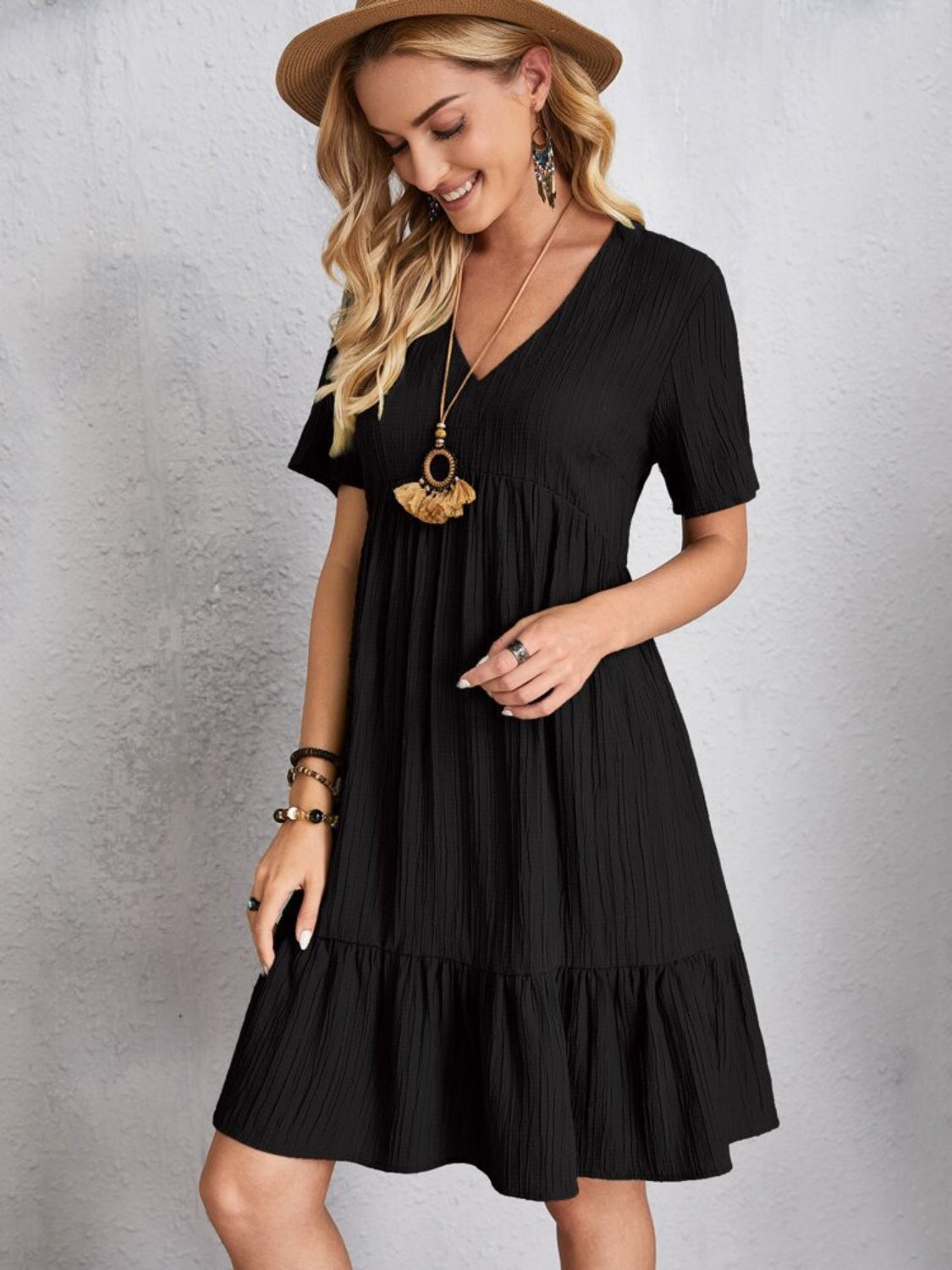 Full Size V-Neck Short Sleeve Dress Trandify deal