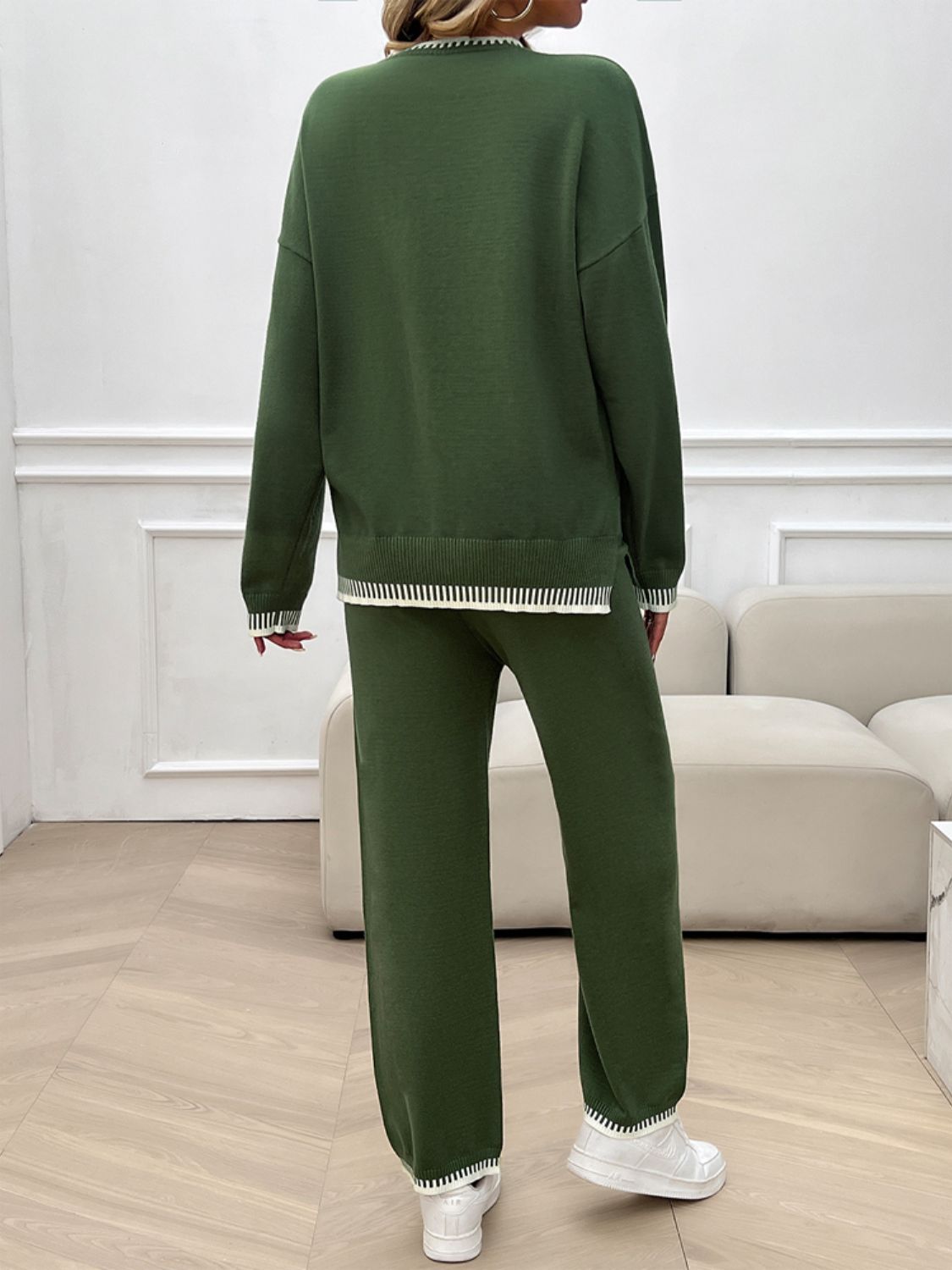 Devine Round Neck Dropped Shoulder Top and Pants Sweater Set Trandify Deal