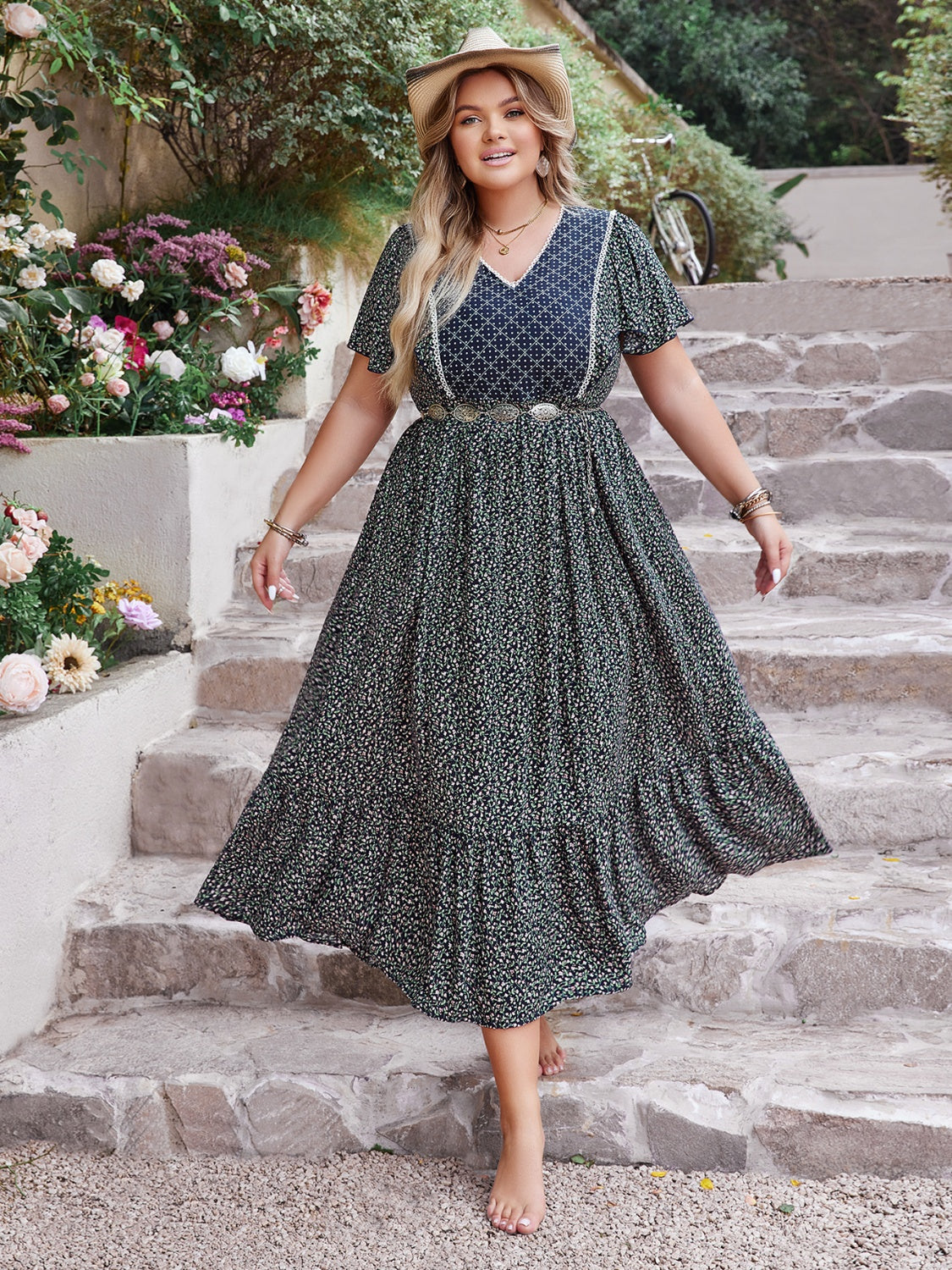Plus Size Printed V-Neck Flutter Sleeve Midi Dress Trandify deal