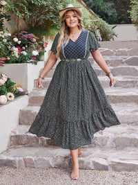 Plus Size Printed V-Neck Flutter Sleeve Midi Dress Trandify deal